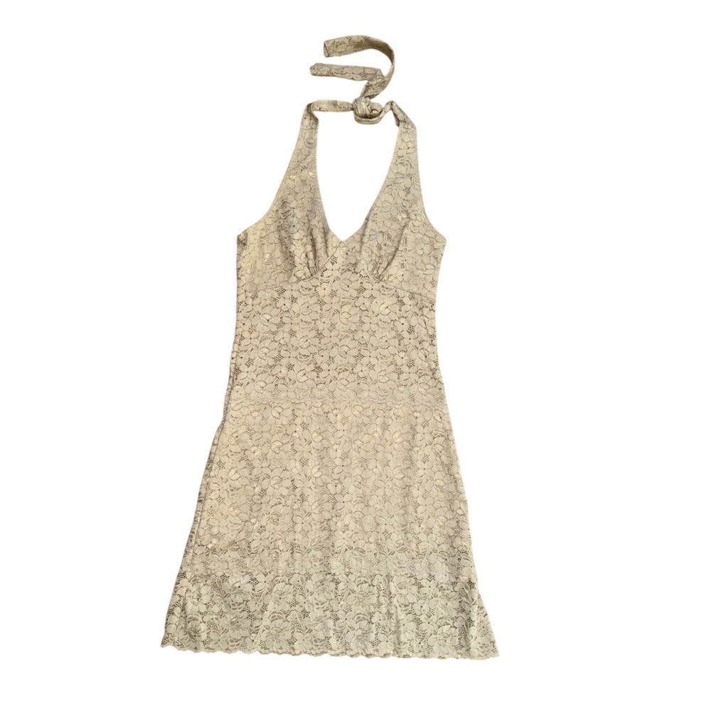 Vintage Gold Floral Lace Halter Mini Dress Shimmer Y2K Small Party sexy boho